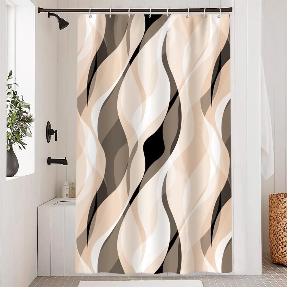 Uiiooazy Cream Shower Curtain, Abstract Striped Geometric Lines Bath Curtain Anti-Mould Waterproof Washable Polyester Fabric Bathroom Curtain with 8