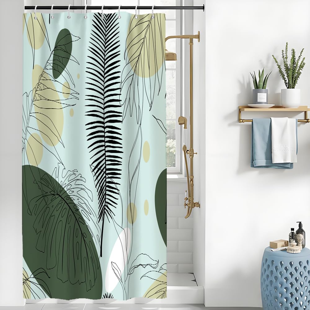 Uiiooazy Green Shower Curtain, Boho Abstract Palm Leaves Monstera Tropical Plant Bath Curtain Anti Mildew Waterproof Polyester Fabric Washable Shower