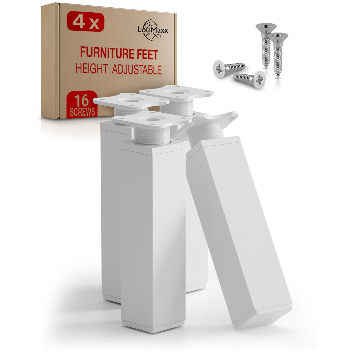 LouMaxx Furniture Legs 4pc Set 40x40x150mm White Square - Adjustable Cabinet Legs with Mounting Plate - Height Adjustable Legs for Cupboard Units