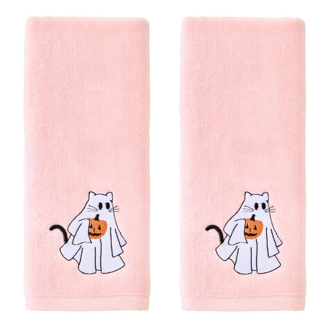 SKL Home Halloween Ghost Cat Hand Towel 2 pc Set for Bath/Kitchen/Bar & Gift
