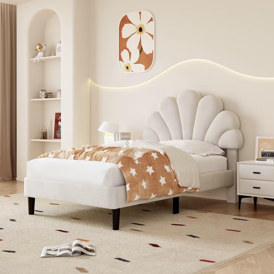 BTM Single Bed, 3FT-90x190cm Upholstered Single Bed Frame with Height-adjustable Headboard & Solid Wood Slat, Beige Velvet(No Mattress)
