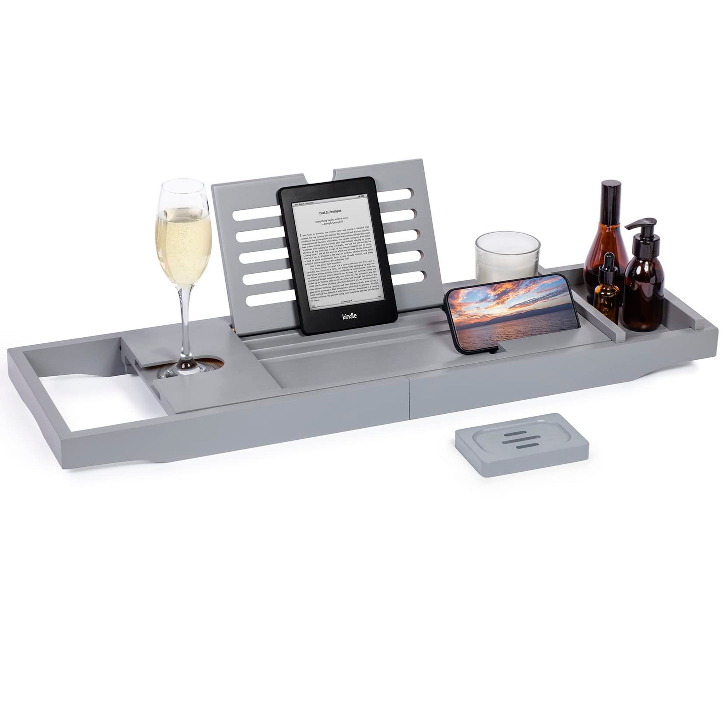 woodluv Bath Tray, Extendable Bath Caddy Trays for Bathtub Accessories with Tablet Phone Slots, Candle Mug/Cup Holder, Bathroom Organiser, Bath trays