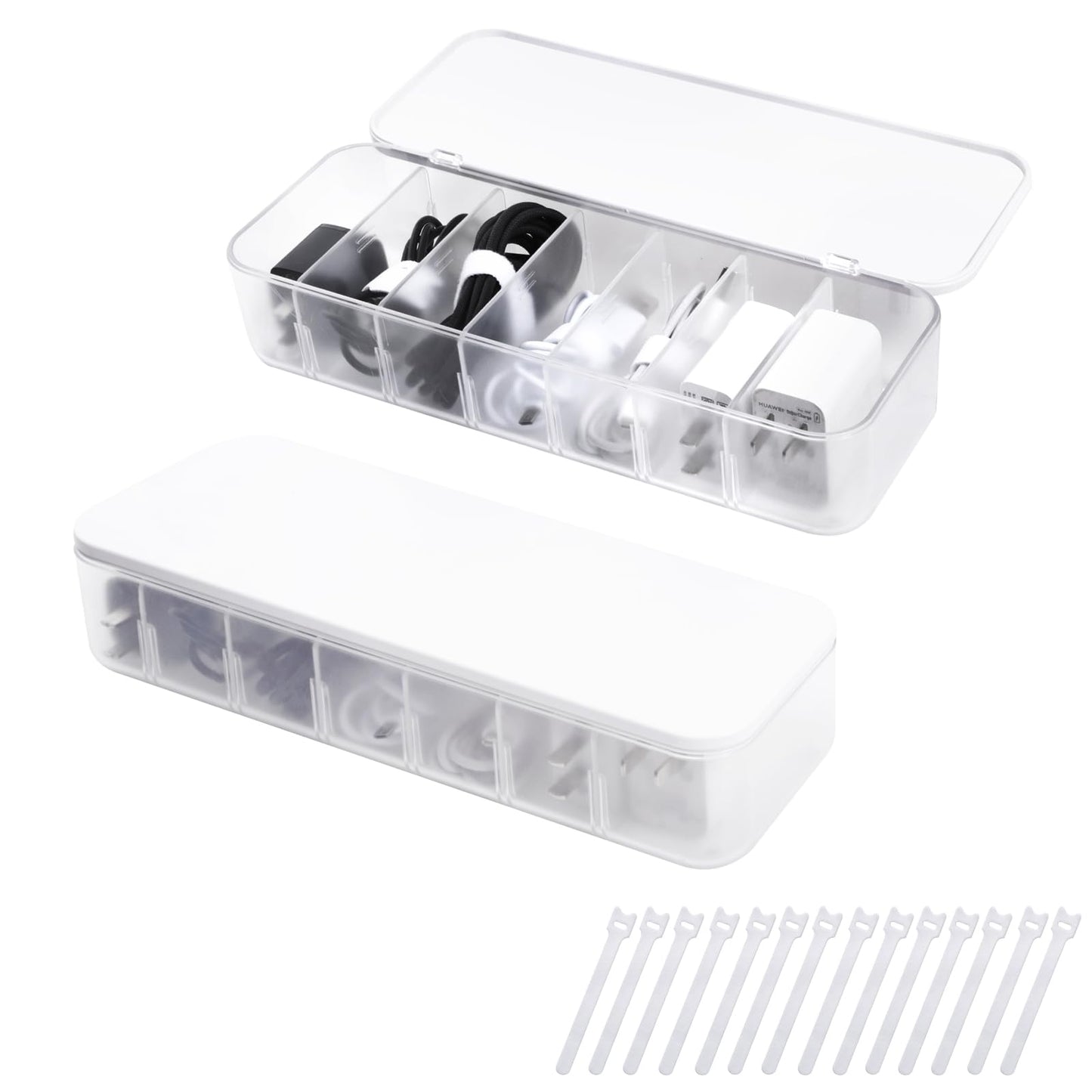 FRETONBA Cable Storage Box, 2 Pcs Cable Tidy Management Box with 7 Compartments and 14 Cable Ties Reusable, Cord Organiser Box for Office, Home