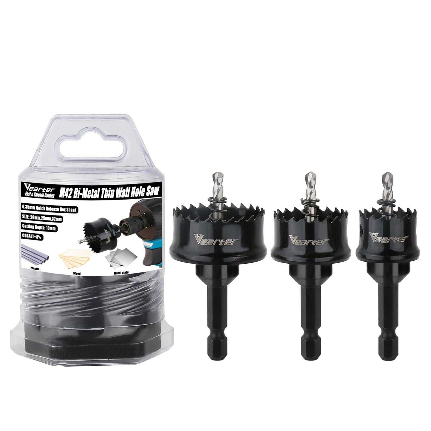 Vearter Bi-Metal Hole Saw Sets 3PCS, 20-32mm Cobalt M42 Bimetal Circular Hole Drill Kit Hex Shank, Thin Wall Wood Drill with Arbors, for Wood, Metal,