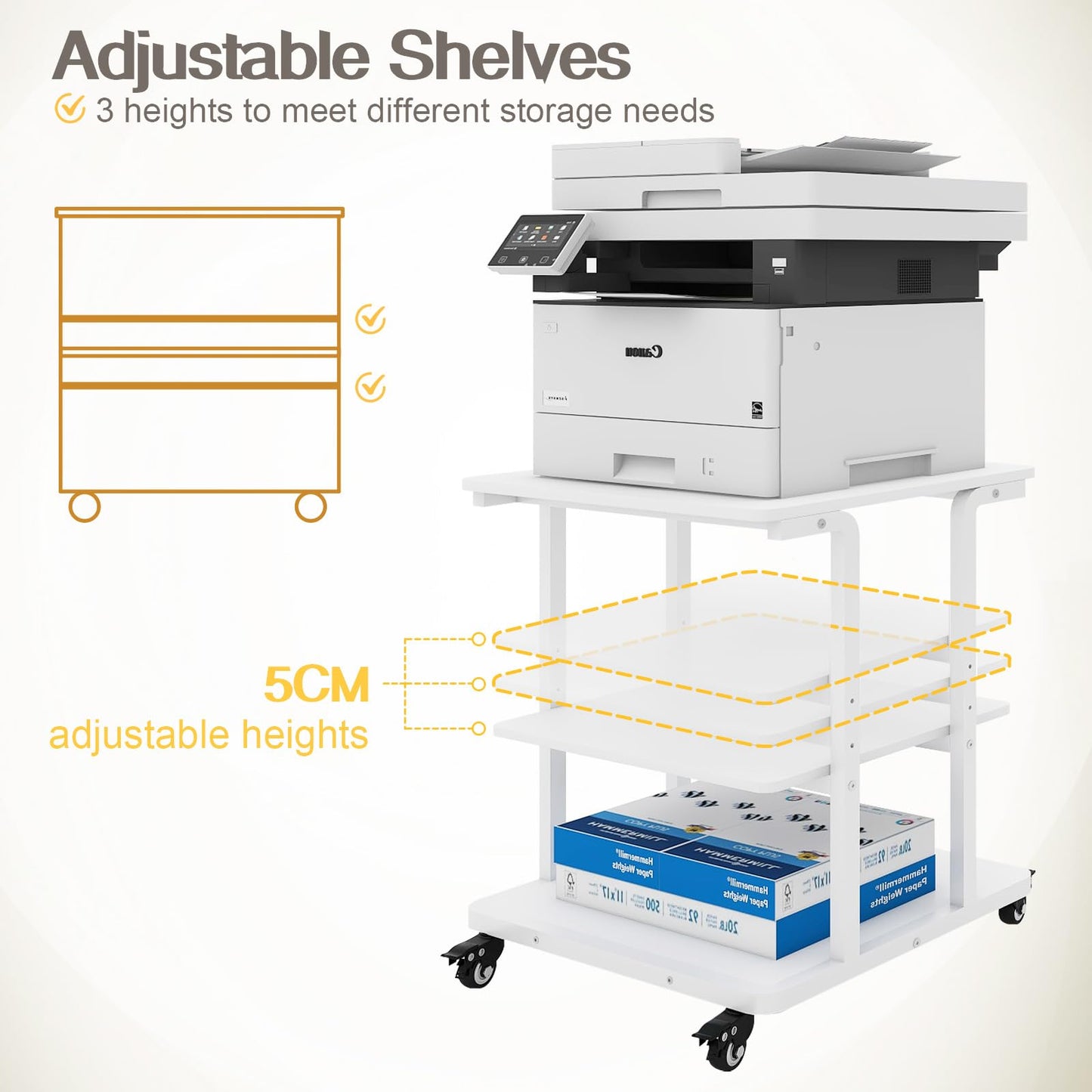 PUNCIA 3-Tier Movable Laser Printer Cart with Storage