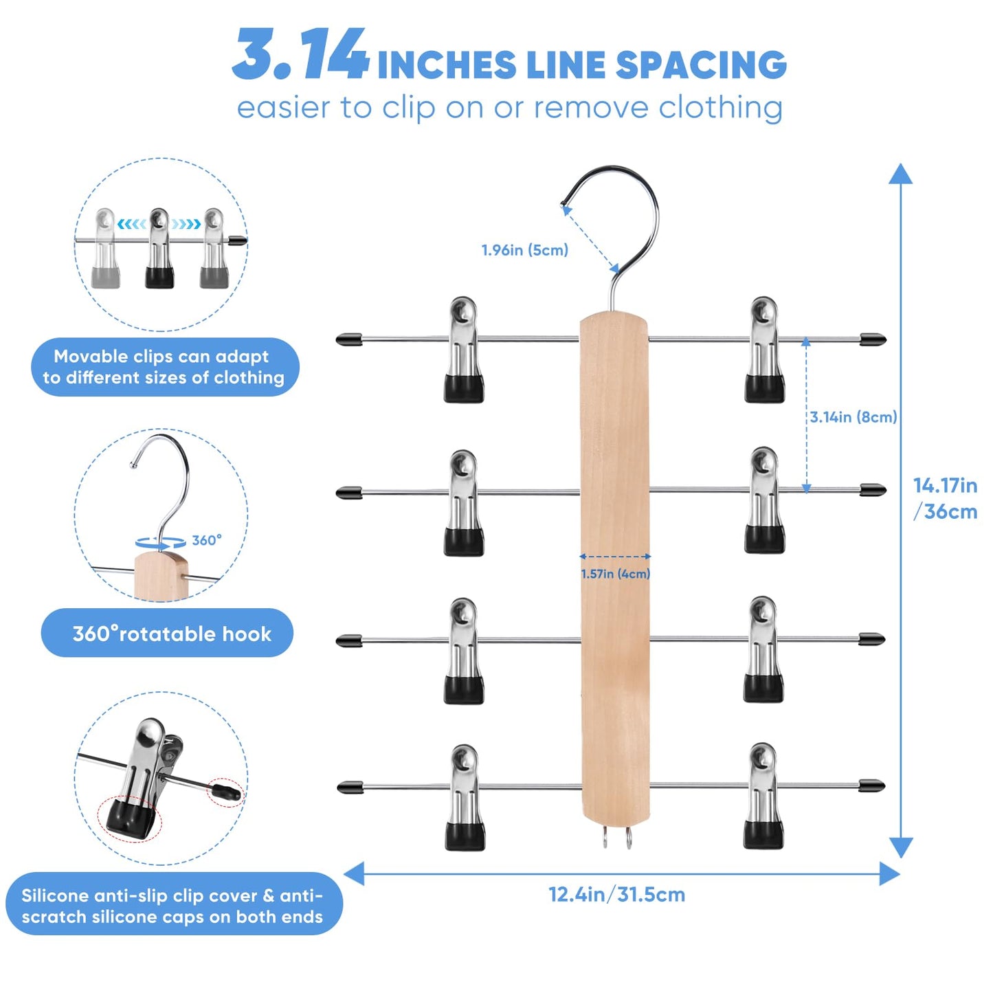 VANZAVANZU Trouser Hangers with Clips Space Saving Pant Hangers, 2 Pack 4 Tier Wooden Pole Skirt Hangers Clip Hangers