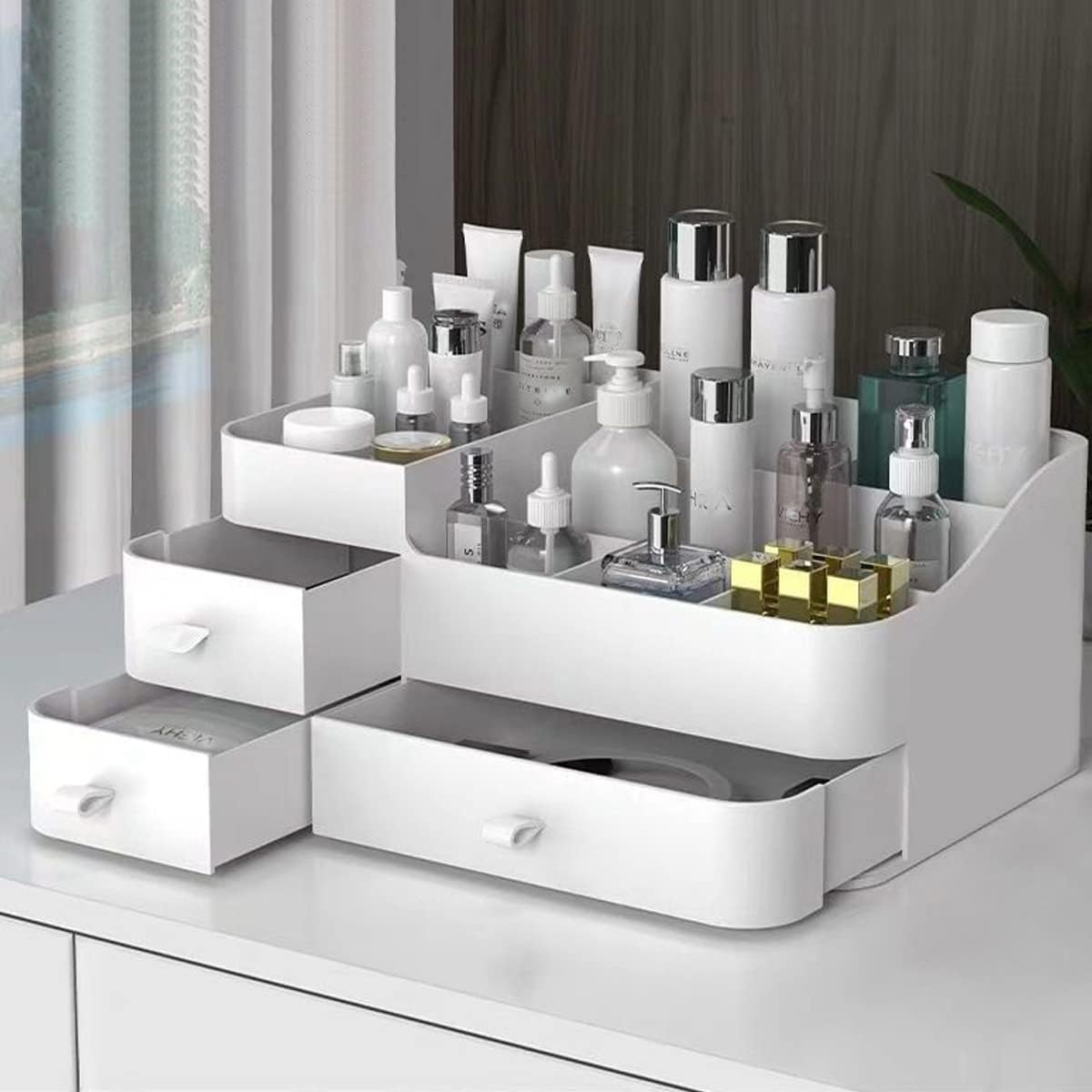 Queta Make-up-Organizer Large Cosmetic Storage Box with Capacity 8 Grids and 3 Drawers, Fits Jewelry, Brushes, Lipsticks, Creams, Stationries(13.4 x 6