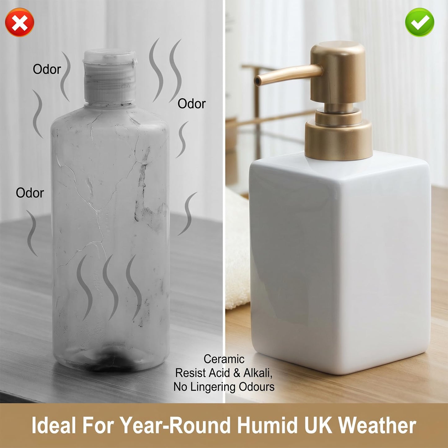 White Ceramic Soap Dispenser - 320ml Hand Soap Dispenser with Long Spout Refillable Shampoo Lotion Dispenser Elegant Square Design for Bathrooms