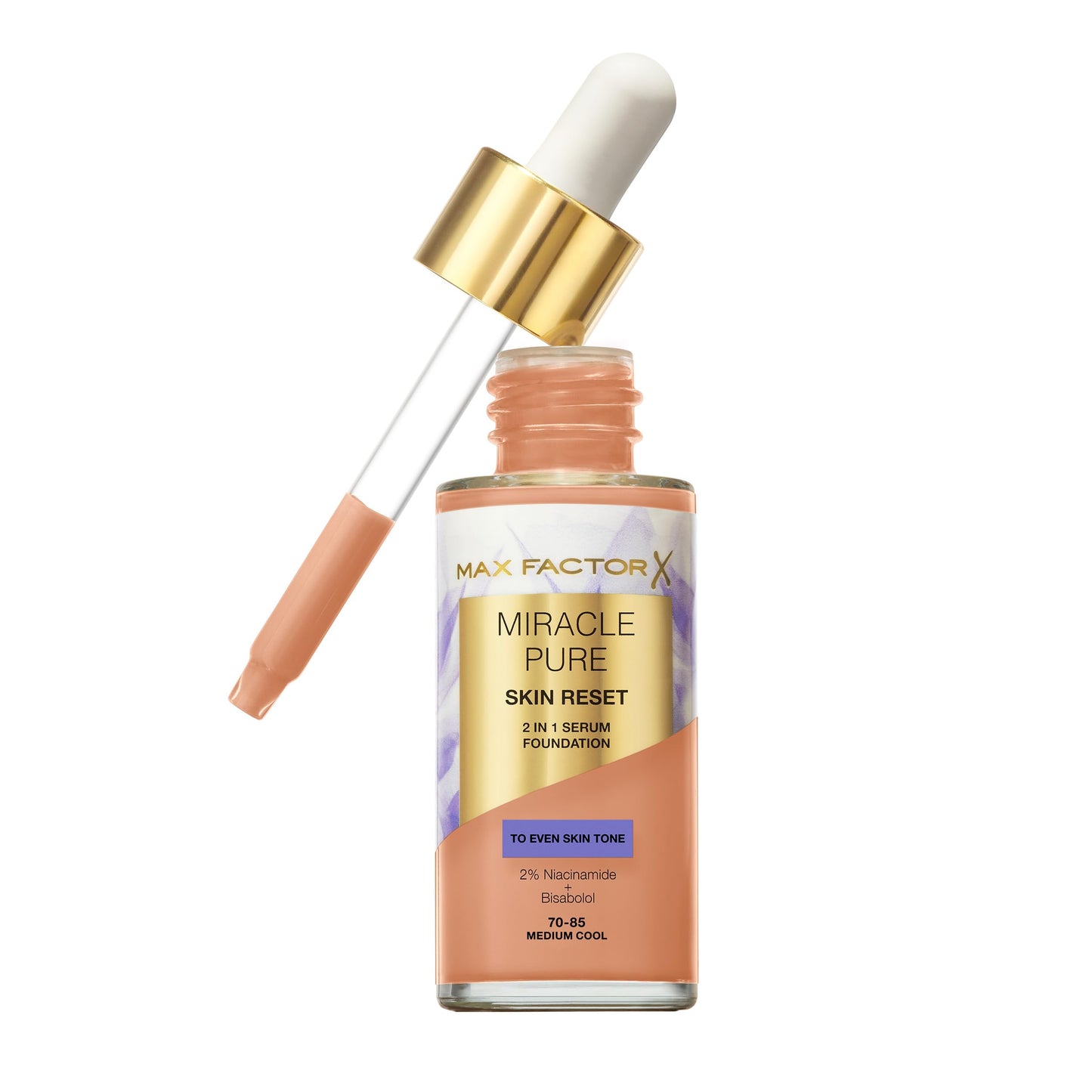 Max Factor Miracle Pure Skin Reset Serum Foundation, 70-85 Medium Cool, 2-in-1 Serum Formula, Healthy Looking Skin, Medium Coverage, Satin Matte