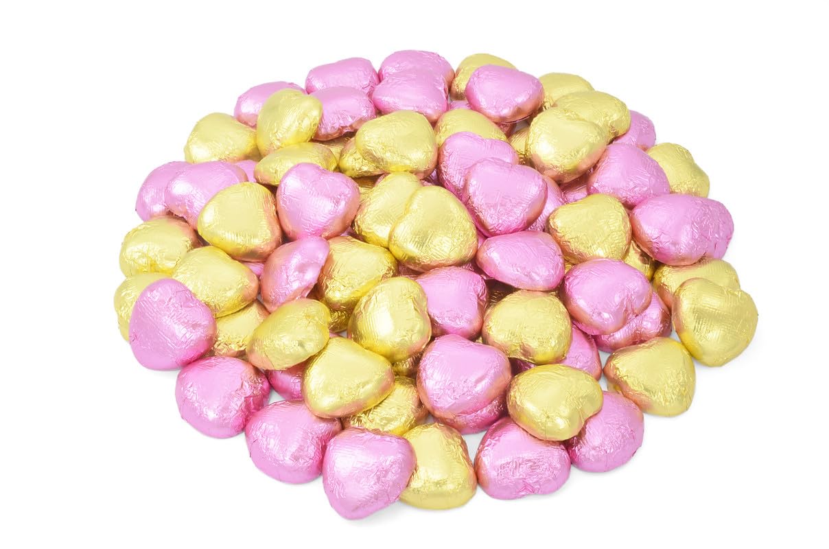 Wyeland Confectionery Pink and Gold Luxury Milk Chocolate Hearts Foil-Wrapped - Pack of 50 - For Wedding Favours and Mothers Day