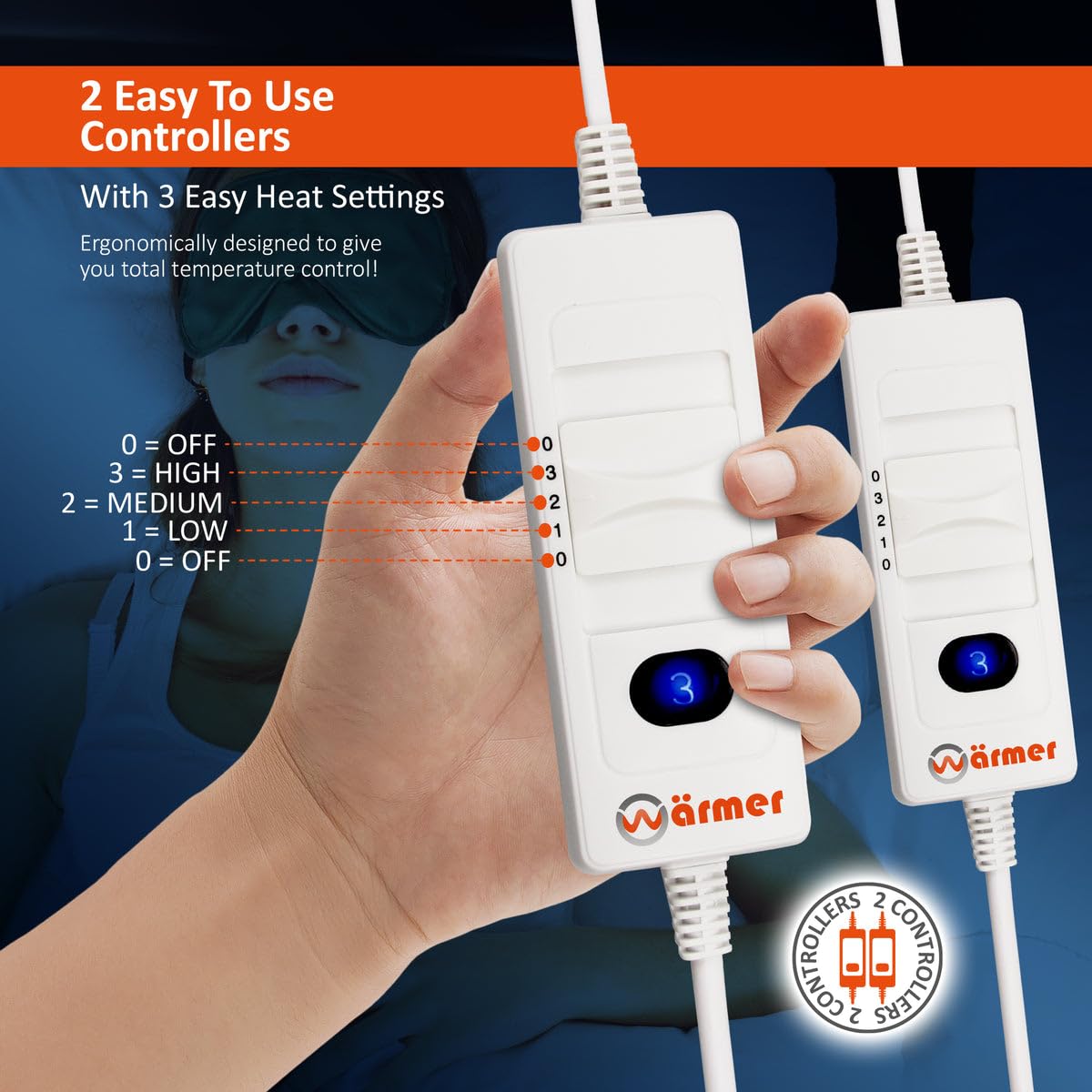Wrmer Electric Blanket Double Size - Dual Control, Fully Fitted Mattress Cover with Elasticated Skirt, 3 Heat Settings, 2 X Detachable Controllers -