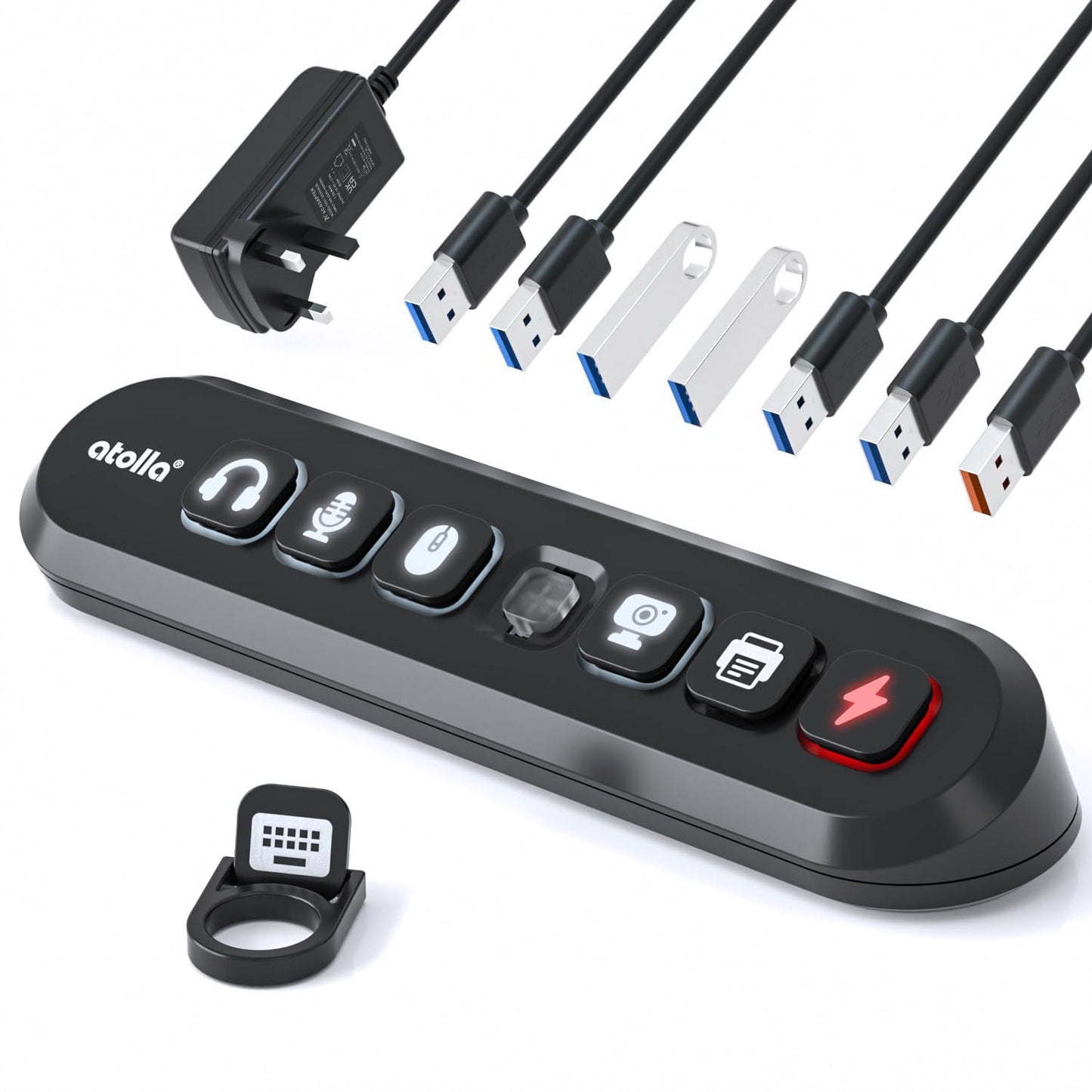 atolla Powered USB Hub 7-Port USB 3.0 Hub with 1.5m Extended Cable 36W Power Adapter Individual On/Off 13 Removable Keycaps Smart Charge Port, Powered