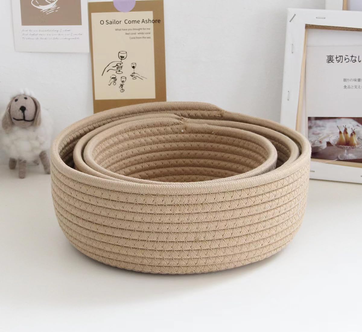 Lydlrum Storage Baskets, Brown Cotton Rope Woven Bathroom Storage Basket Set of 3, Round Small Basket Box Organizer Bins