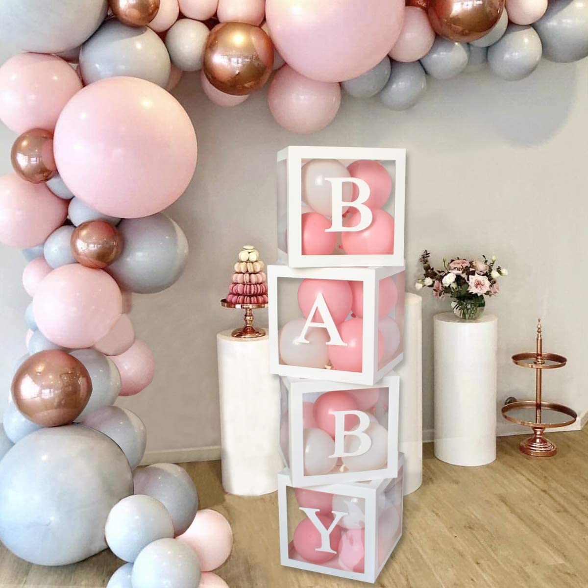 Baby Shower Decorations Box - 4Pcs White Transparent Square Boxes with ?BABY? Letters, Baby Balloon Boxes for Boy Girl Baby Shower Party Supplies,