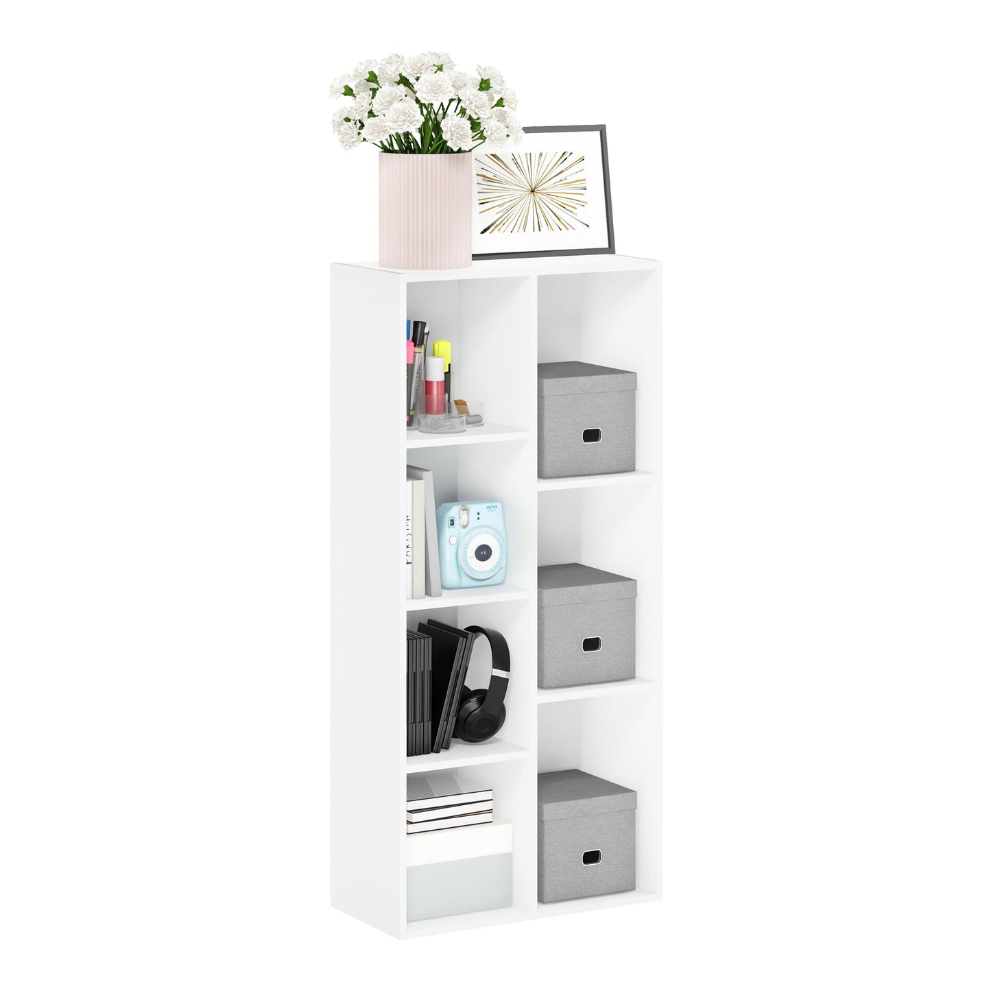 Furinno LUDER Book Shelf, 7-Cube Bookshelf, Bookcase, 23.9 x 49.5 x 105.9 cm, for Living Room, Bedroom, Home Office, Plain White