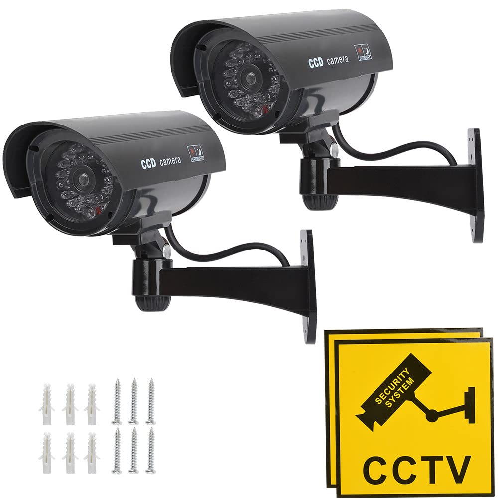 TIMESETL 2Pack Dummy Camera Waterproof Bullet Shape Black Fake Security Camera with Red Flashing LED + Yellow CCTV Signs, Wireless Wall Mount Plugs +