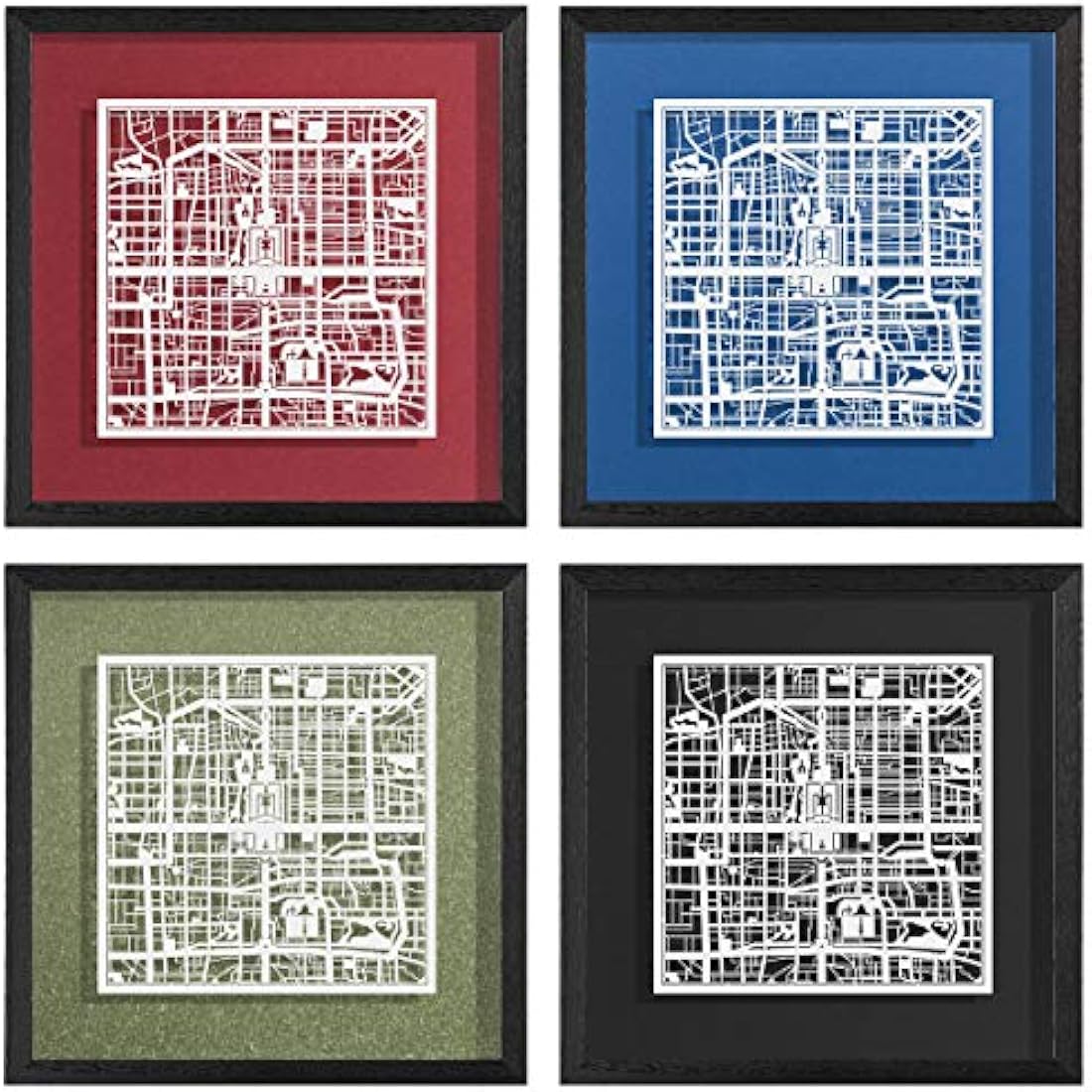 O3 DESIGN STUDIO Beijing Paper Cut Map framed, White map, Black frame, 9x9 inches, Gift Boxed, 4 background color, self-changing, Paper Art