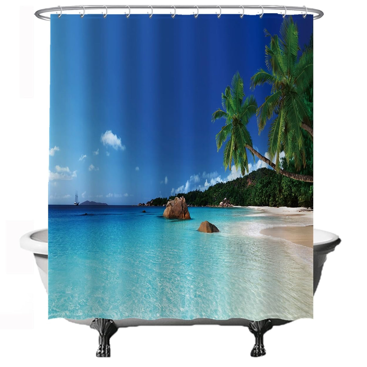 Ulticool Shower Curtain - Beach Nature Sea Island Palm Tree - 180 x 200 cm - Washable - Waterproof - with 12 Rings