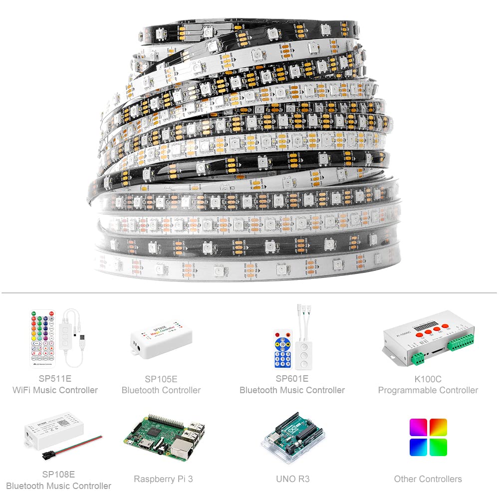 BTF-LIGHTING WS2812B 16.4ft 5m 60LEDs/Pixels/m Individually Addressable 5050SMD LED Strip Black PCB Full Color Flexible LED Pixel Strip Dream Color