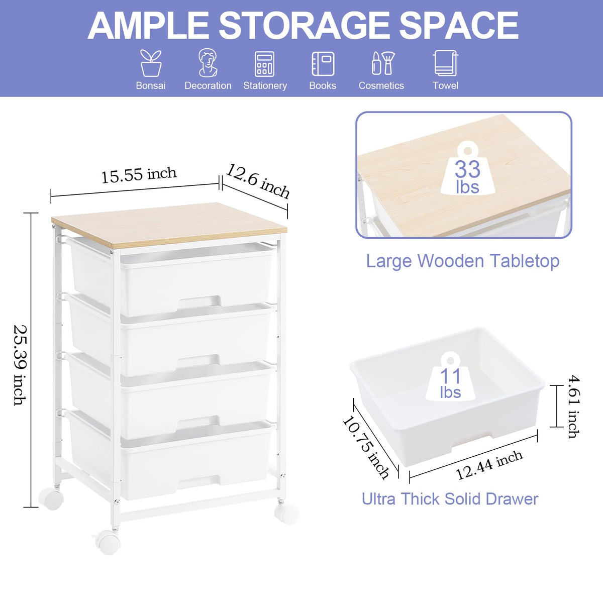 SYKIARIOL 4 Drawers Storage Trolley, Multipurpose Storage Drawer Unit with Lockable Wheels, Utility Rolling Storage Cart for Home Office Classroom,