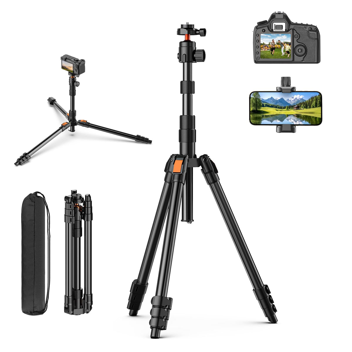 XXZU 71" Camera Tripod, Tripod For Camera Phone with 360?Ball Head and Smartphone Holder, Aluminum DSLR Tripod Stand, Travel for