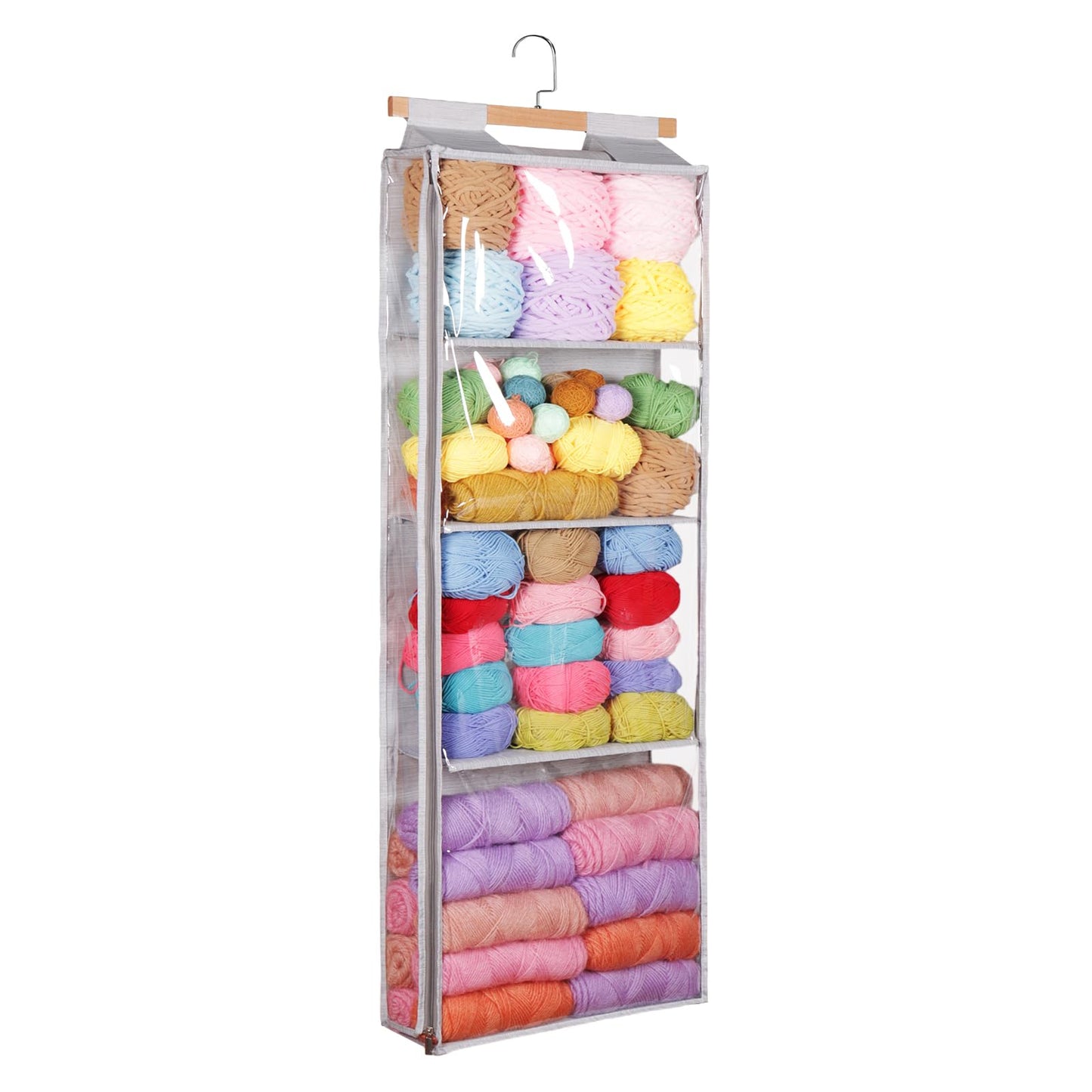 Syeeiex Hanging Yarn Storage Organiser with 4 Large Pockets, Clear Knitting Organiser Storage with Zippers for Crochet Lovers, Yarn Stoarge bag with