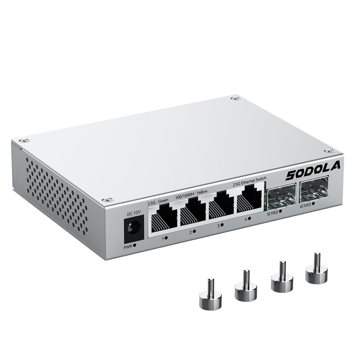 SODOLA 6 Port 2.5Gb Unmanaged Ethernet Switch, 4X2.5G Base-T Ports & 2X10G SFP+, Aluminum Cooling & Magnetic Mounting, Plug & Play, Fanless Network