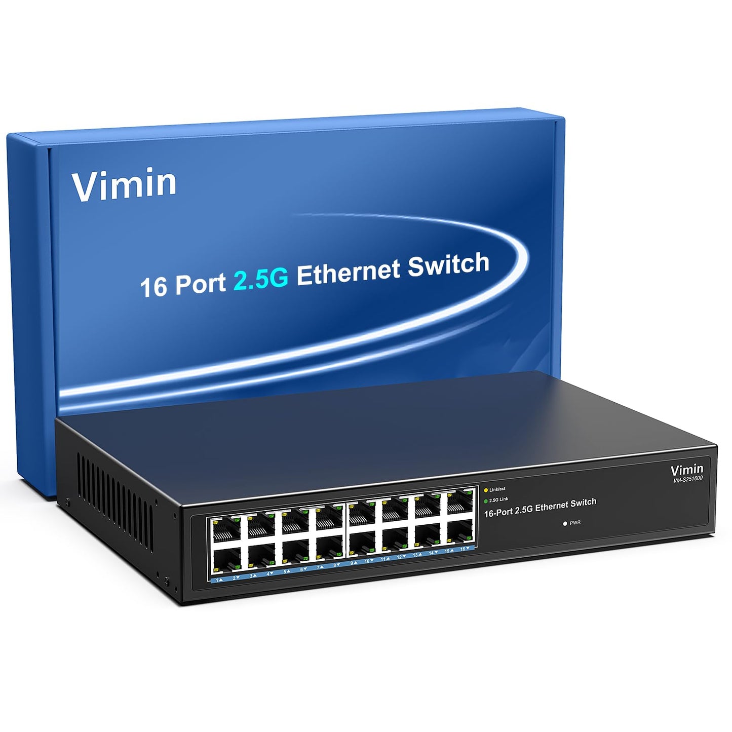 2.5G Switch Unmanaged, Vimin 16 Port 2.5GB Base-T Ethernet Switch, 2.5Gb Network Switch Plug & Play, Compatible with 10/100/1000/2500Mbps, Metal