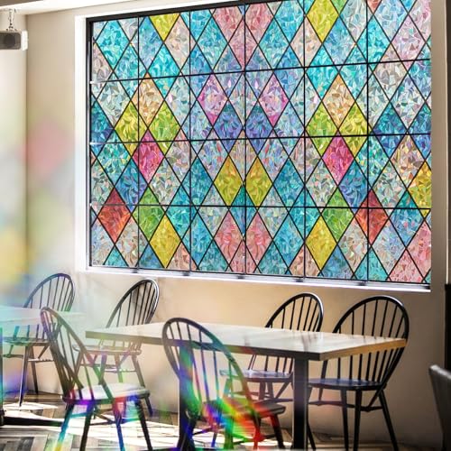 Beautysaid Rainbow Privacy Window Film: Stained Glass, No-Glue Frosted Window Film, Static Cling Film (Multicolor, 60x400cm