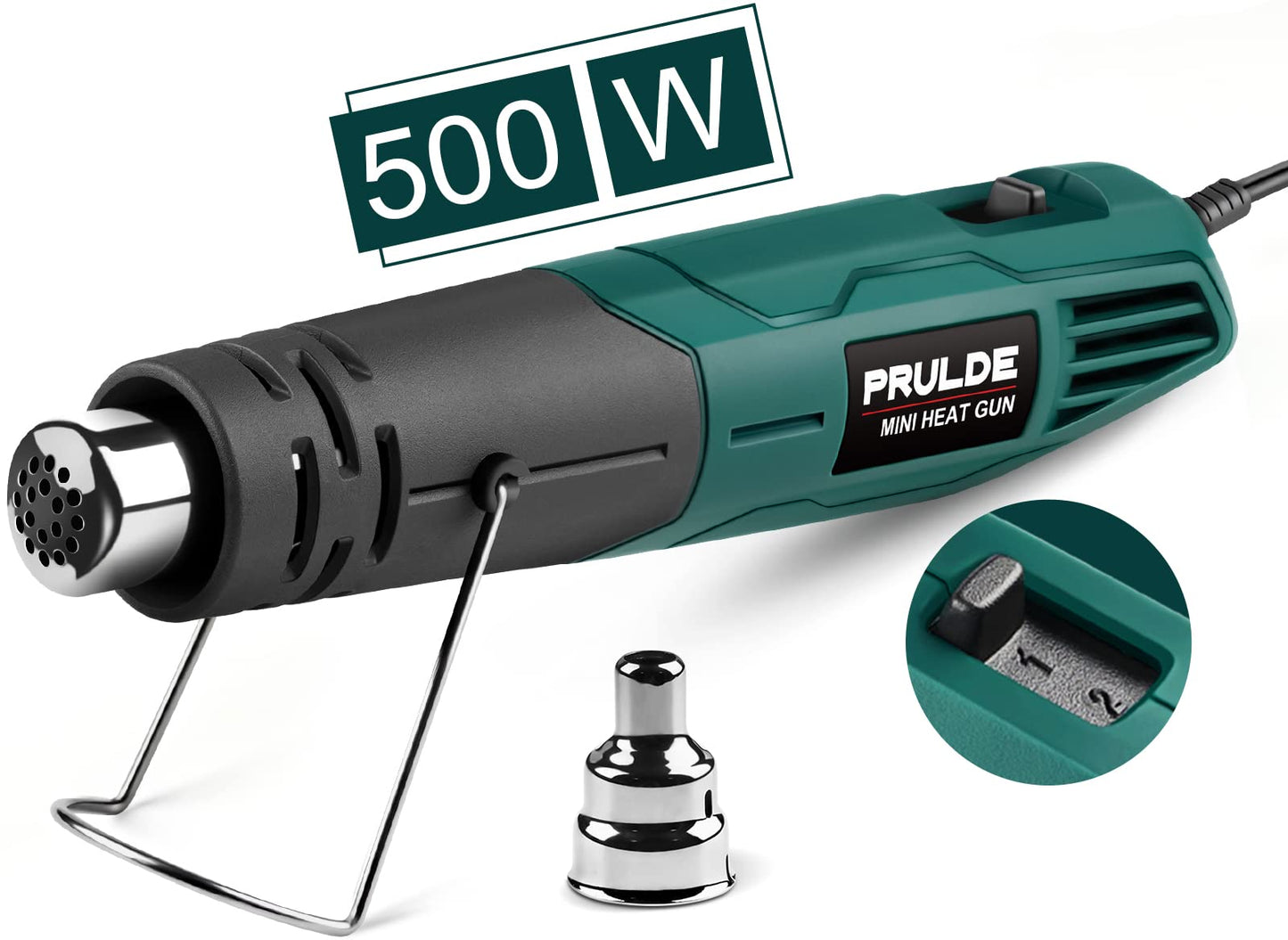 PRULDE Mini Heat Gun Dual Temp, 500W Hot Air Gun Tool 248?-454? with one Nozzle for Crafts DIY, Epoxy Resin, Shrink Wrap, Electronics, Embossing
