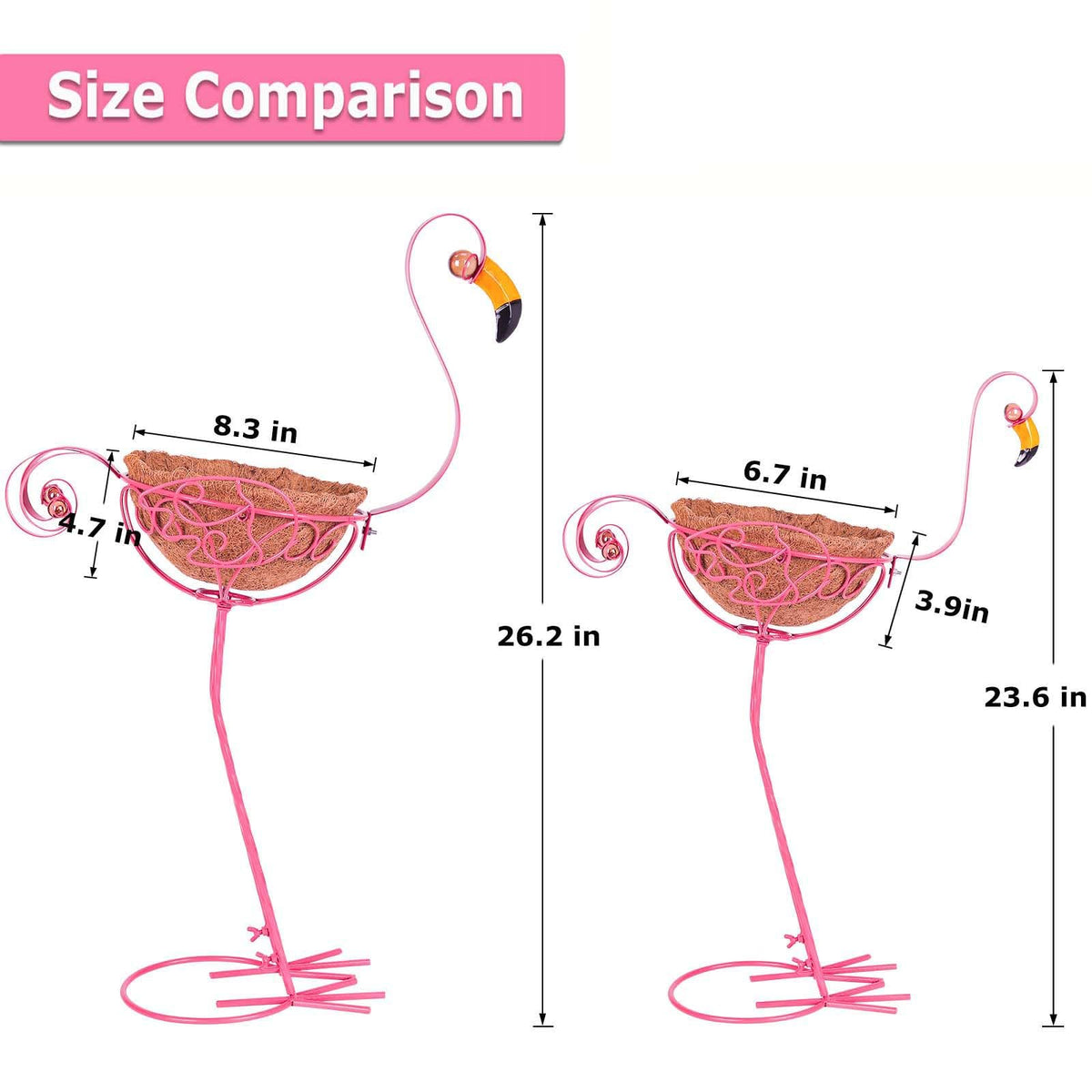 Kikth Set of 2 Flamingo Garden Bird Planters, Outdoor Flamingo Yard Decoration with Basket, Pink Flamingo Patio Metal Planter for Garden, Yard, Lawn,