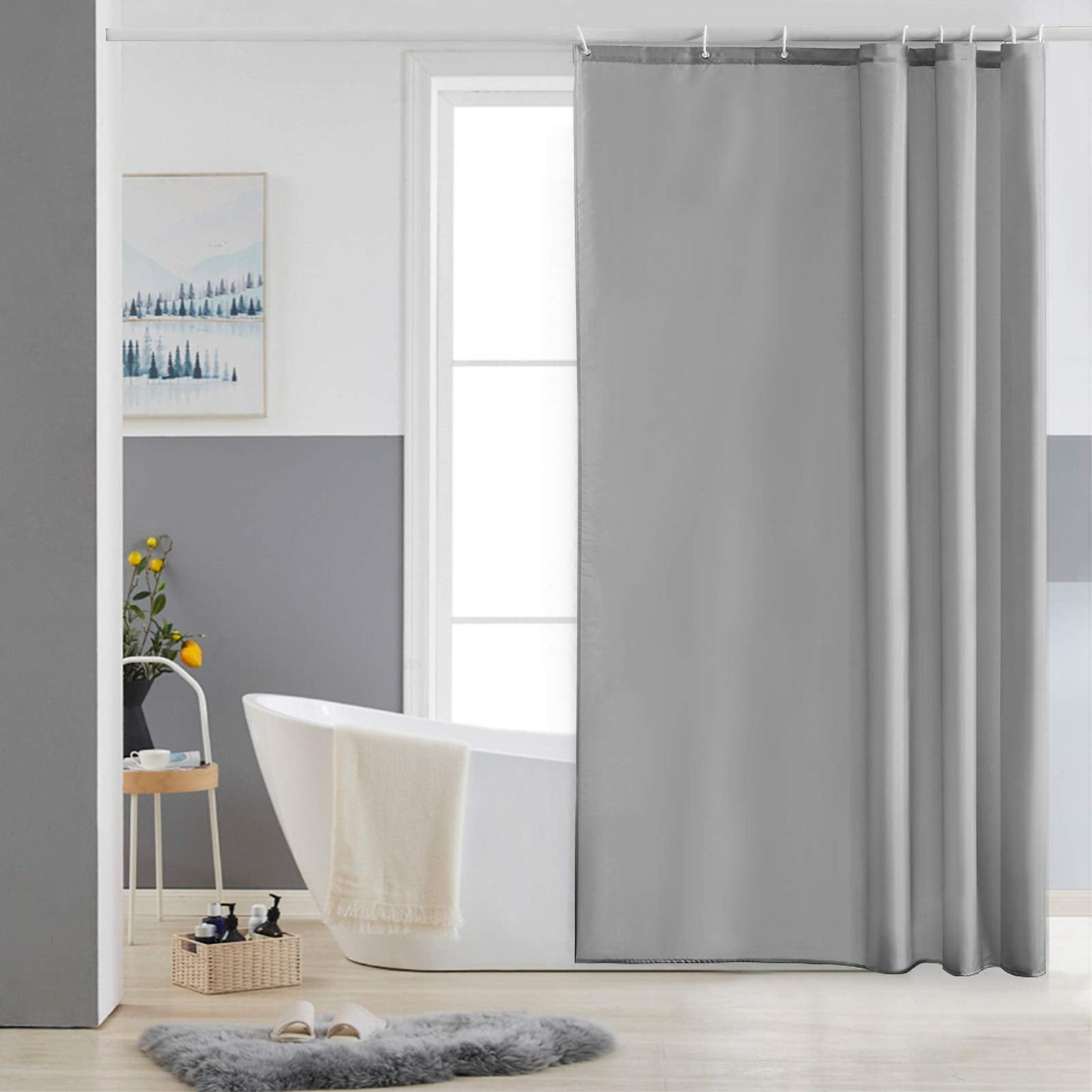 Furlinic Grey Shower Curtain Mould Proof Resistant Waterproof Washable Polyester Fabric Bath Curtains with Weight Tape 8 Hooks for Wetroom 47x72 Inch