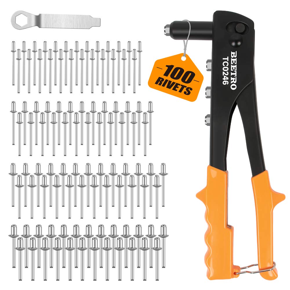 BEETRO Heavy Duty Hand Riveter, Rivet Gun Set, 3/32 inch-1/8 inch-5/32 inch-3/16 inch, 4 Nosepieces Set Includes 100pcs Rivets, Durable and Suitable