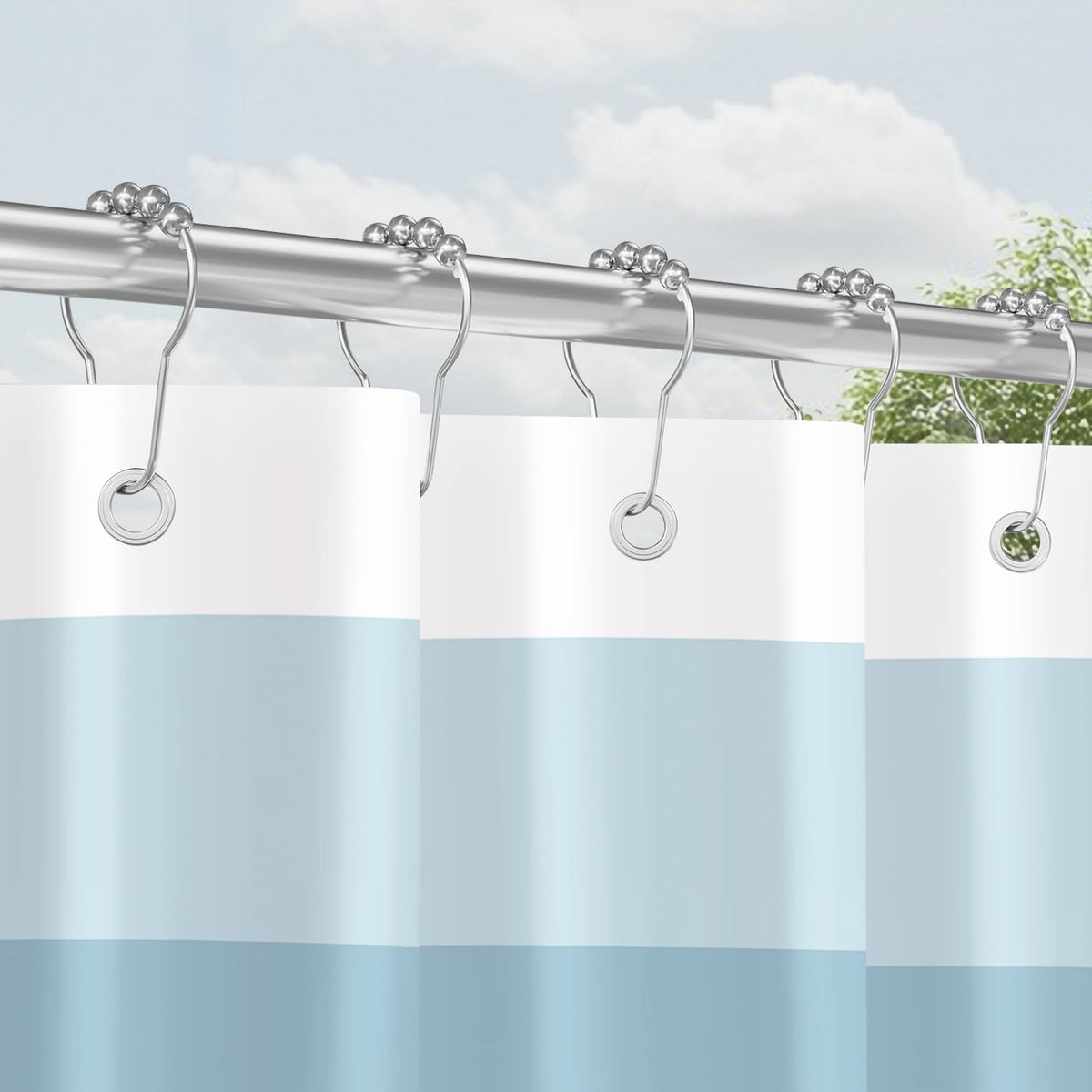 Shower Curtain, 120 x 200 cm, Rail, Light Blue Patterns, Weighted Hem, Anti-Mould Textile, Water-Repellent, Washable Polyester Bath Curtains with