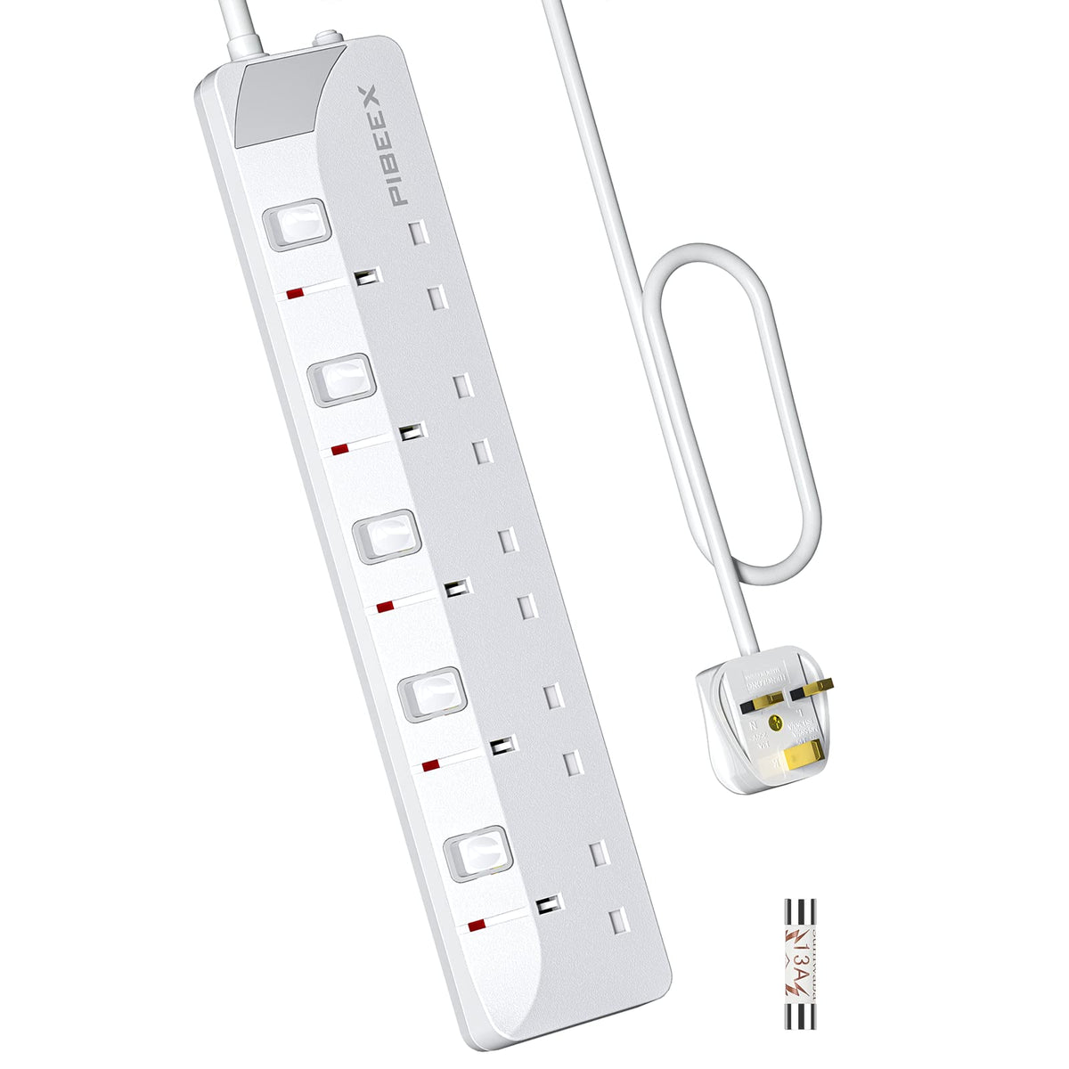 PIBEEX Extension Lead 5 Way Multi Plug Extension Sockets with Individual Switches Wall-Mounted Power Strip 3M Extension Cord 13A Fused UK Plug 3250W