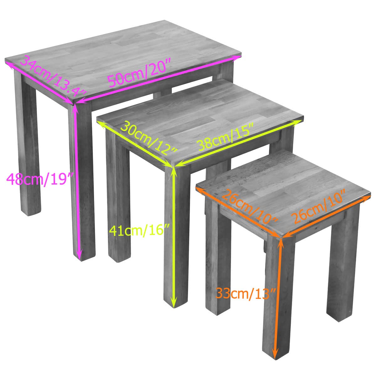 Aurotrice Nest of Tables OAK Solid Nesting 3 Tables Coffee Table Side/End/Lamp/Nesting Table