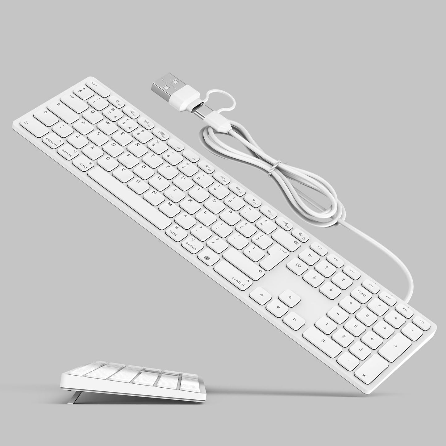 Wired Full-Size Keyboard for Mac OS with Foldable Keyboard Riser, Numeric Keypad, USB-A/USB-C Plug-N-Play, Compatible with Apple iMac, Mac Mini,