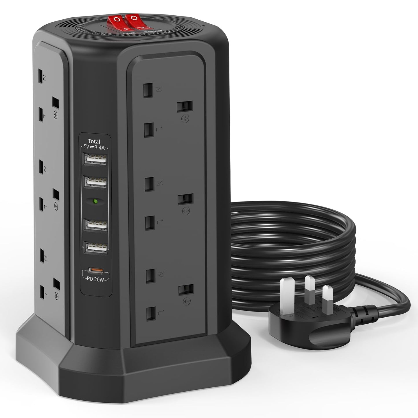 Tower Extension Lead with USB Slots 3M and 20W USB C Fast Charger, (13A 3250W) 5 USB Ports and 12 Way Extension Tower, Surge Protection Extension Lead