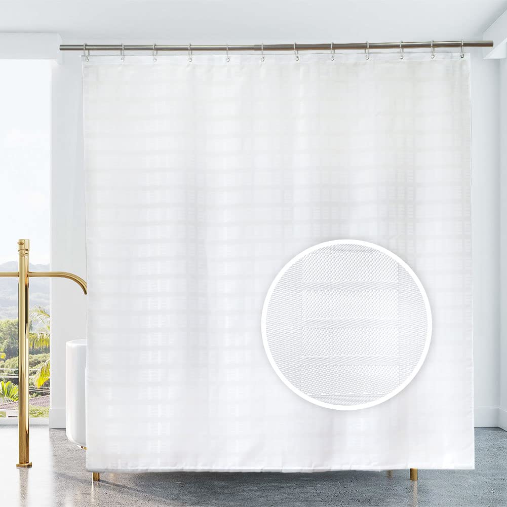 YISURE White Jacquard Shower Curtain for Bathroom Tub, Waterproof Fabric with Plastic Hooks 71" W x67 L /180x170cm