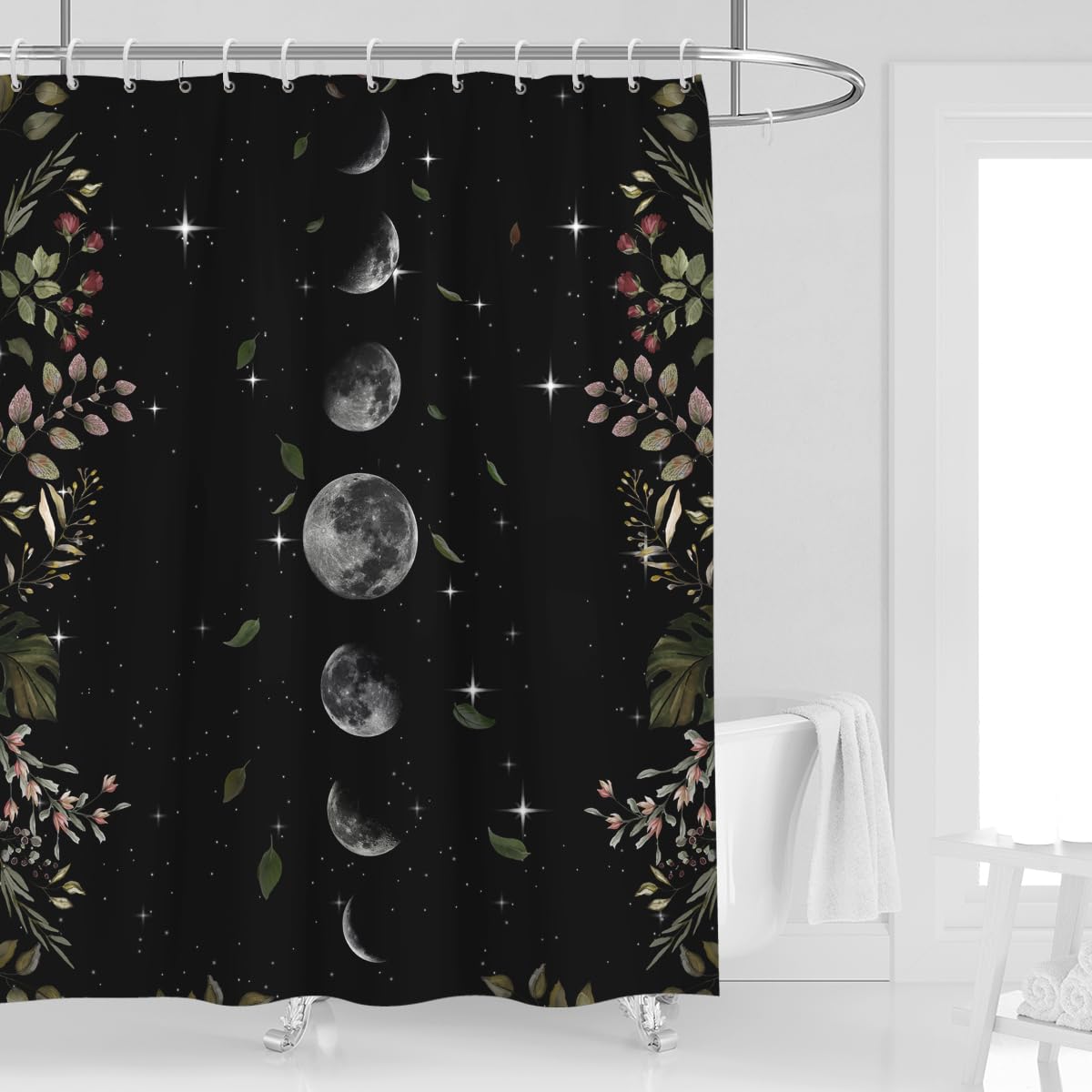 Moon Phase Shower Curtain 60''W x 72''L Black Celestial Gothic Goth Witch Witchy Dark Moonlit Lunar Eclipse Crescent Bathroom Curtains Leaves Plants