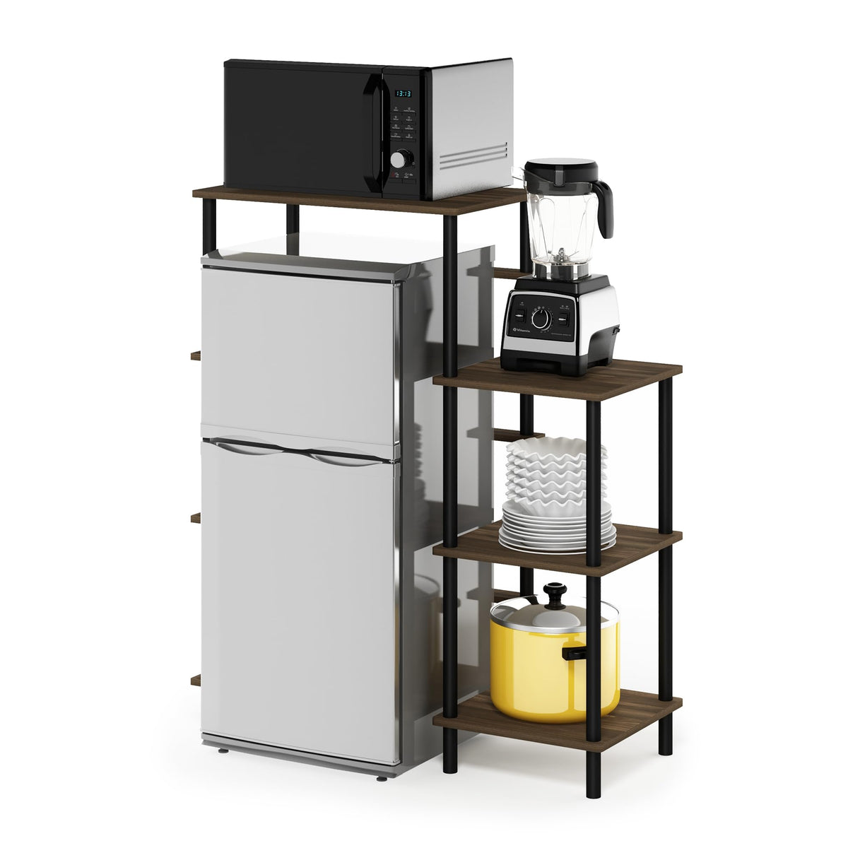 Furinno TURN-N-TUBE Coffee Bar, 4-Tier Bakers Rack with Mini Fridge Stand Shelf, Kitchen Shelves, for Pantry Organizers and Storage, Kitchen