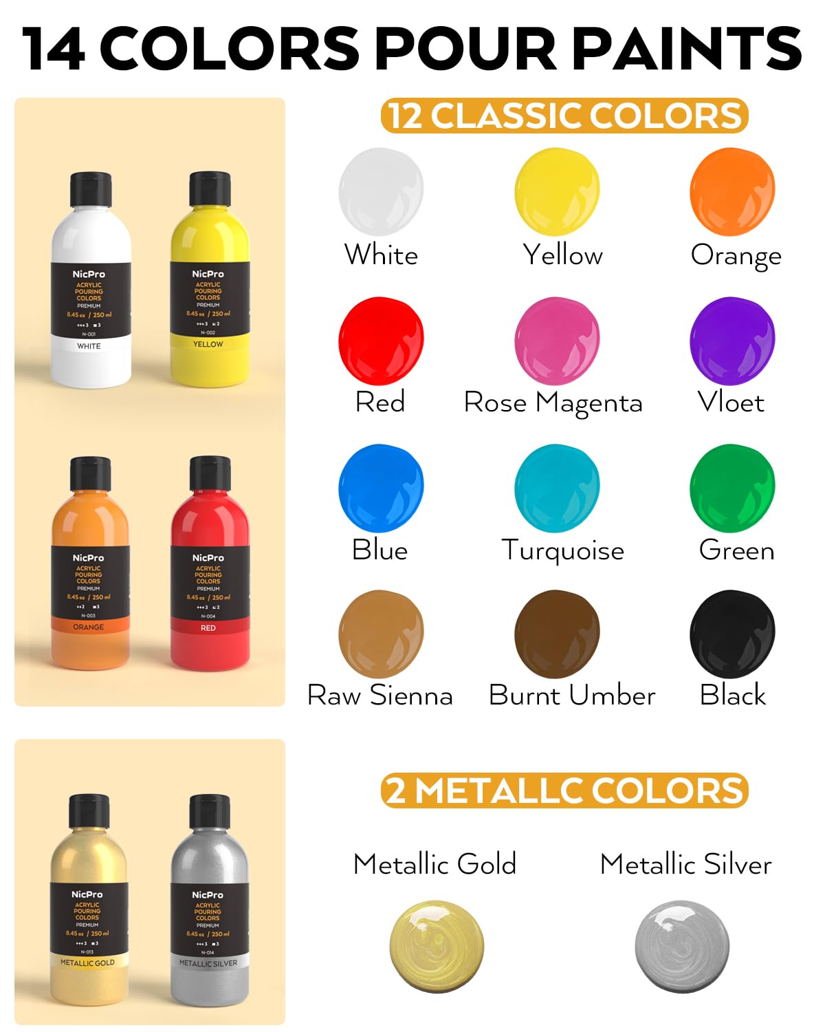 Nicpro 14 Colors 8.45oz Acrylic Pour Paint Supplies Kit, Large Volume Premixed High Flow Painting Bulk Set with Canvas, Wood Natural Slices, Pouring