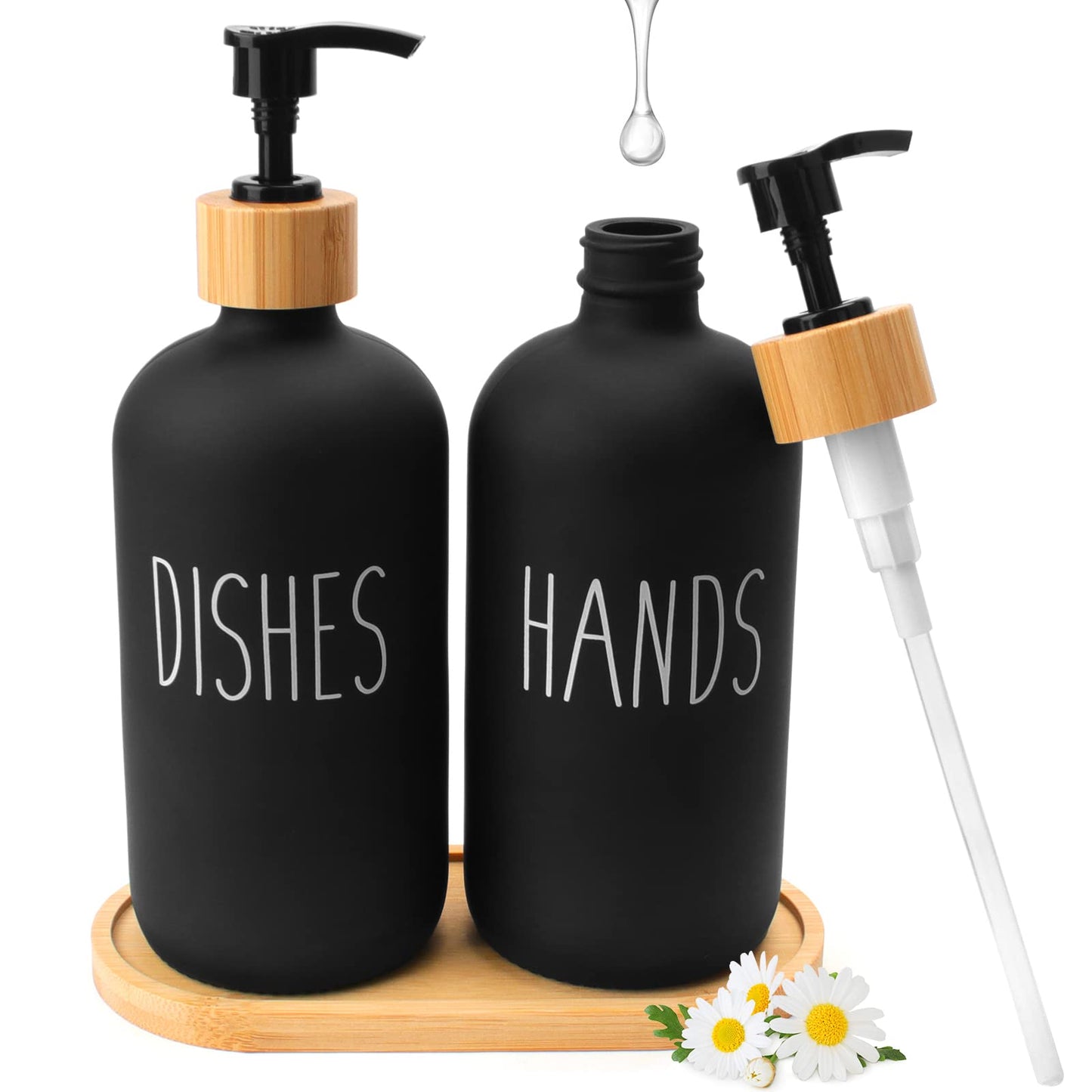2 Pack Hand and Dish Soap Dispenser Set, 500ML Glass Dish Soap Dispenser Refillable Hand Lotion Bottle with Bamboo Pump and Soap Tray, Black Lotion