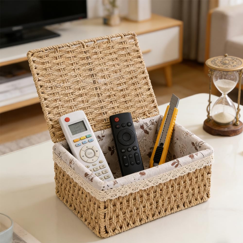 KiKiHong 3 Piece Storage Baskets with Lids,3 Sizes Woven Basket With Lid