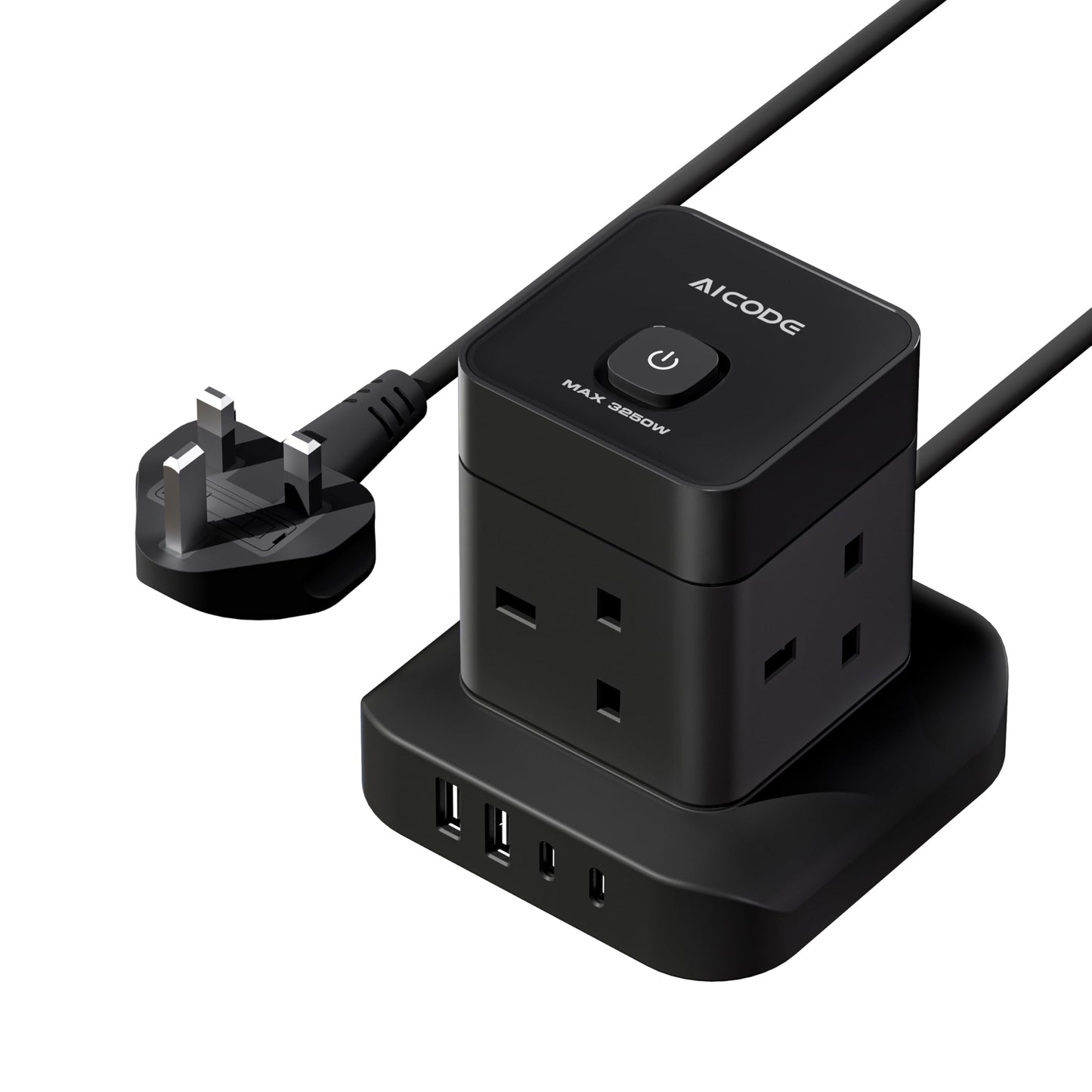 AICODE Cube Extension Lead with USB Slots,4 Way Multi Plug Extension Socket Tower with 2 USB C & 2 USB A Ports,Overload Protected Extension Lead Black