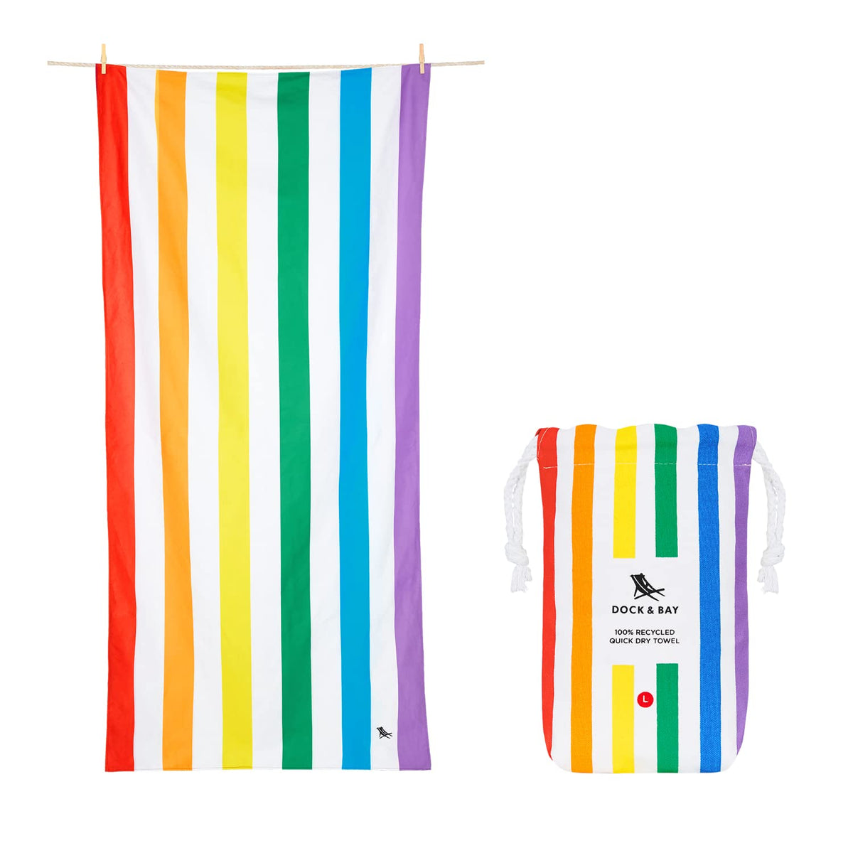Dock & Bay Beach Towel - Quick Dry, Sand Free - Compact, Lightweight - 100% Recycled - Includes Bag - Summer - Rainbow Skies - Extra Large (200x90cm,
