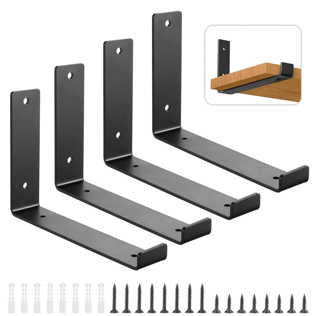 Fippy 4PCS Heavy Duty Floating Shelf Brackets - 200mm, Wall Mounted, Black Industrial Shelf Supports with Matching Screws