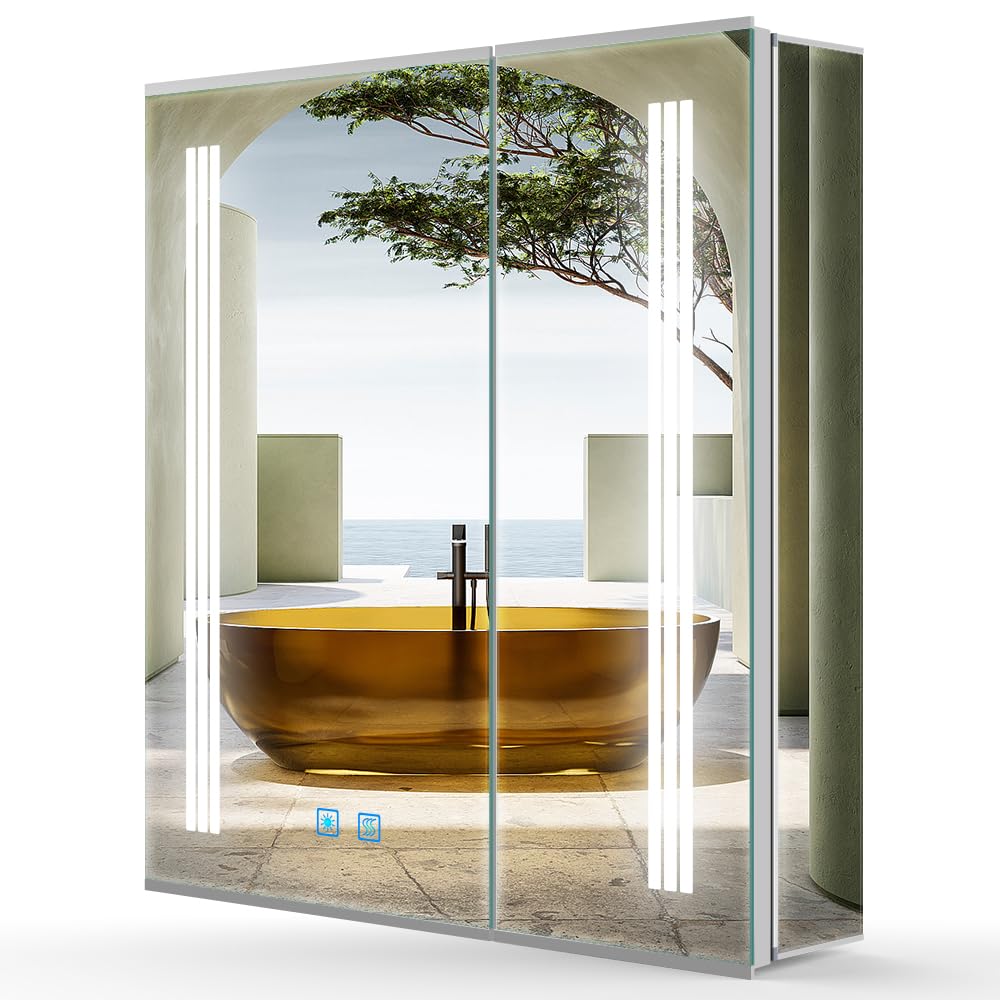 LUMIRRORS? Bathroom Mirror Cabinets with Lights and Shaver Socket 60x70cm, 2 doors Wall Mounted Illuminated LED Cabinet with Mirror, Anti-fog, Touch