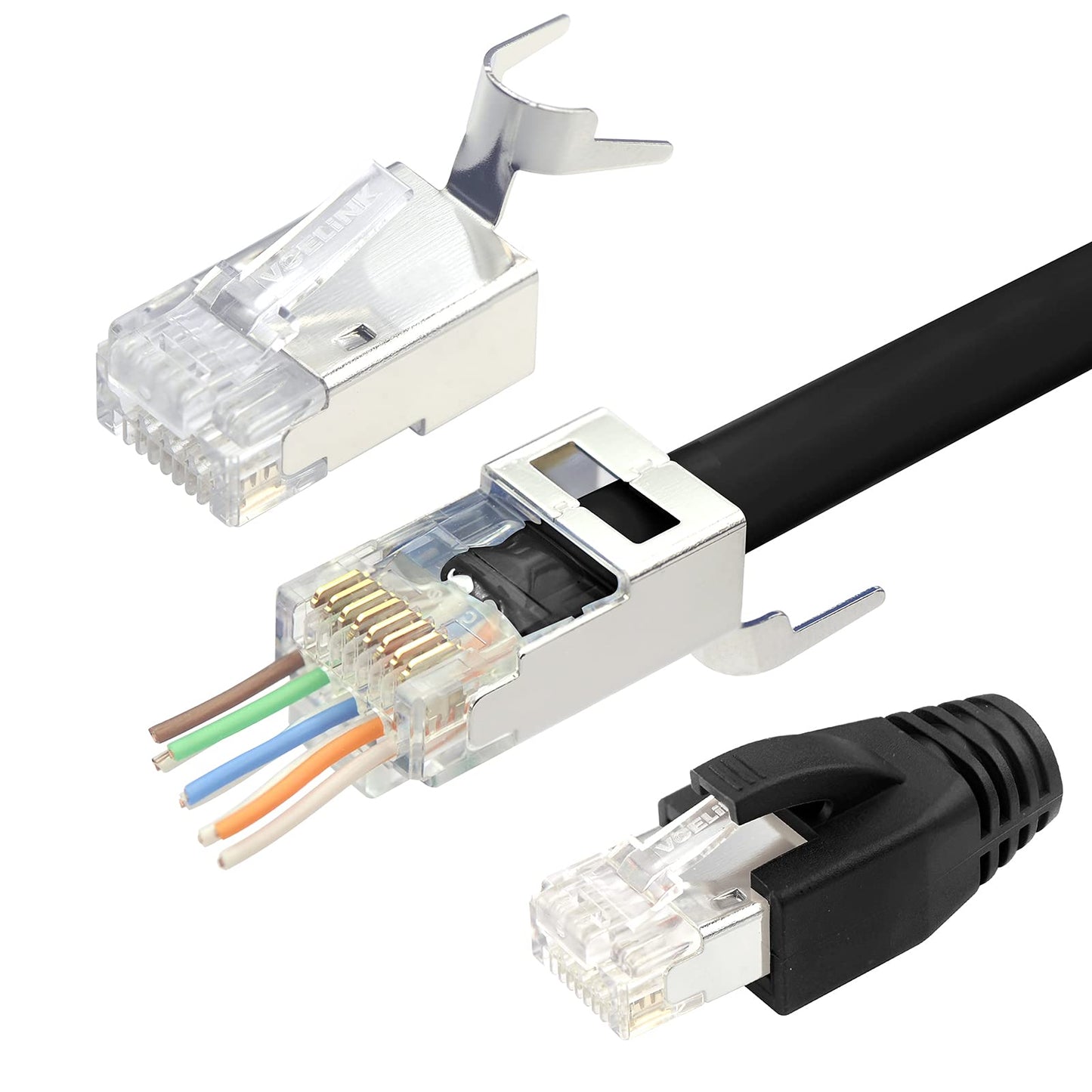 VCELINK Gen2 RJ45 Pass Through Connector Cat7 Cat6A Network Plug Shielded Gold Plated for Installation Ethernet Cable Cat7 Cat6A 8P8C with Load Bar