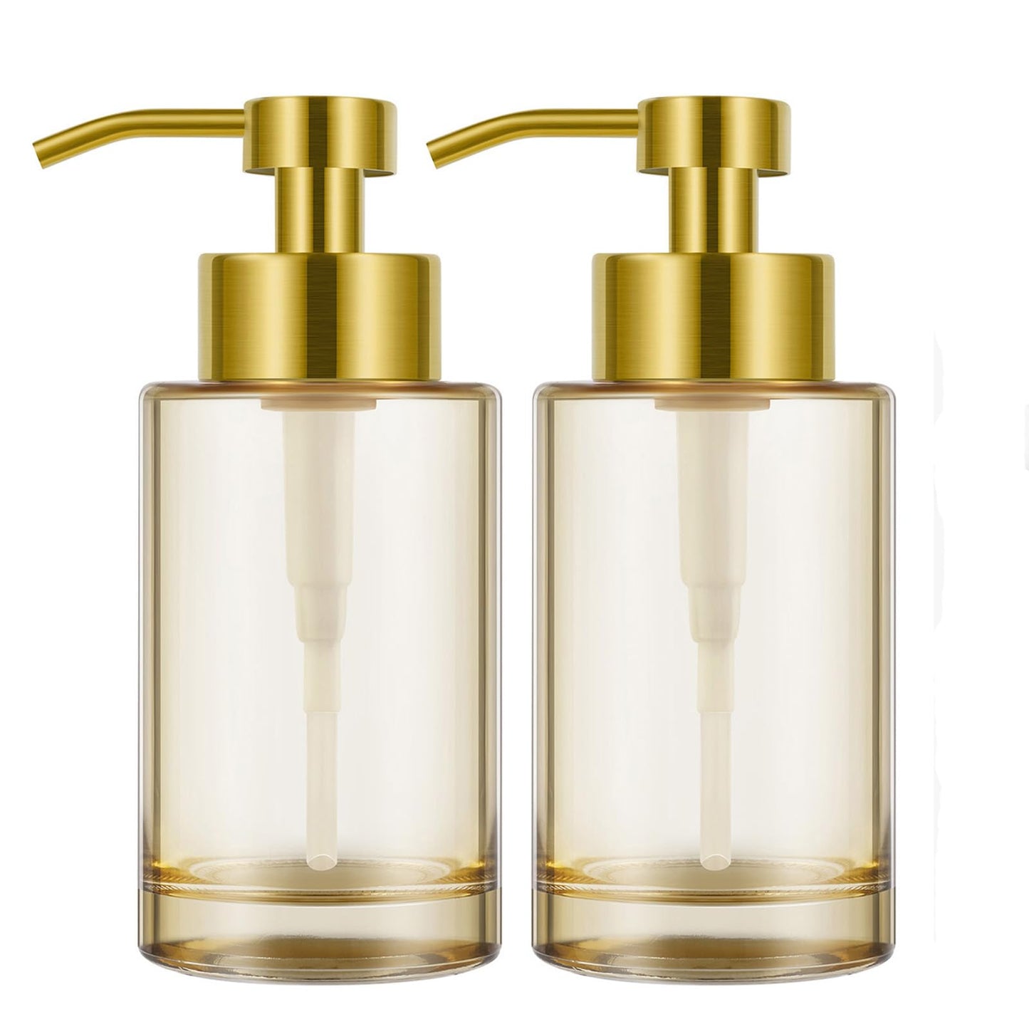 Gold Soap Dispenser 2Pack with Stainless Steel Pump,12oz Thick Glass Amber Hand Liquid Soap Dispenser,Refillable Clear Soap Dispenser with Label for